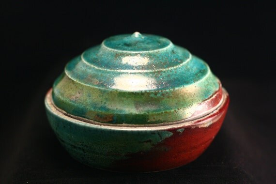 Turquoise Blue Green Raku Crackle Lidded Jar