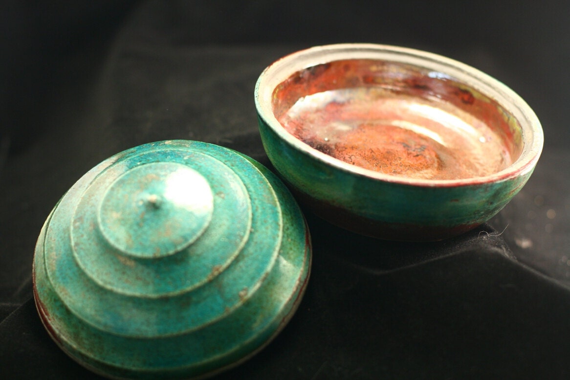 Turquoise Blue Green Raku Crackle Lidded Jar