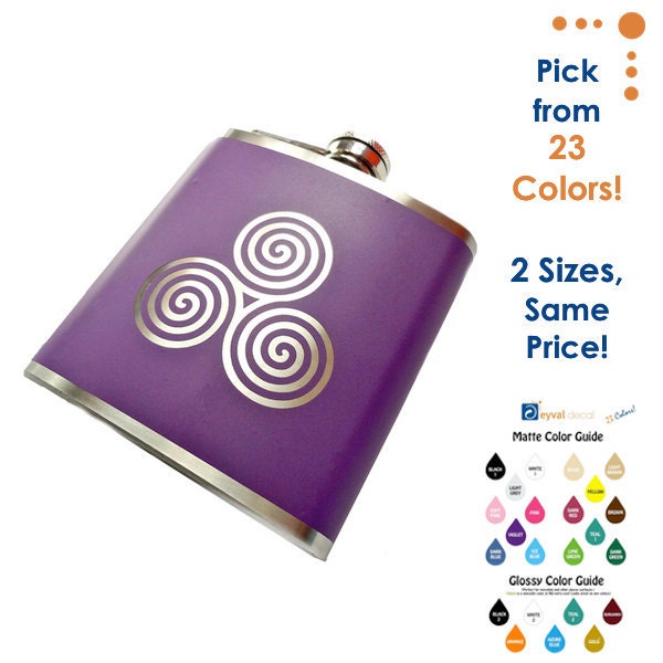 Triple Spiral FLASK- Triskelion, celtic knot alcohol, liquor, booze, party, festival, concert, hip- Personalized- You pick Color