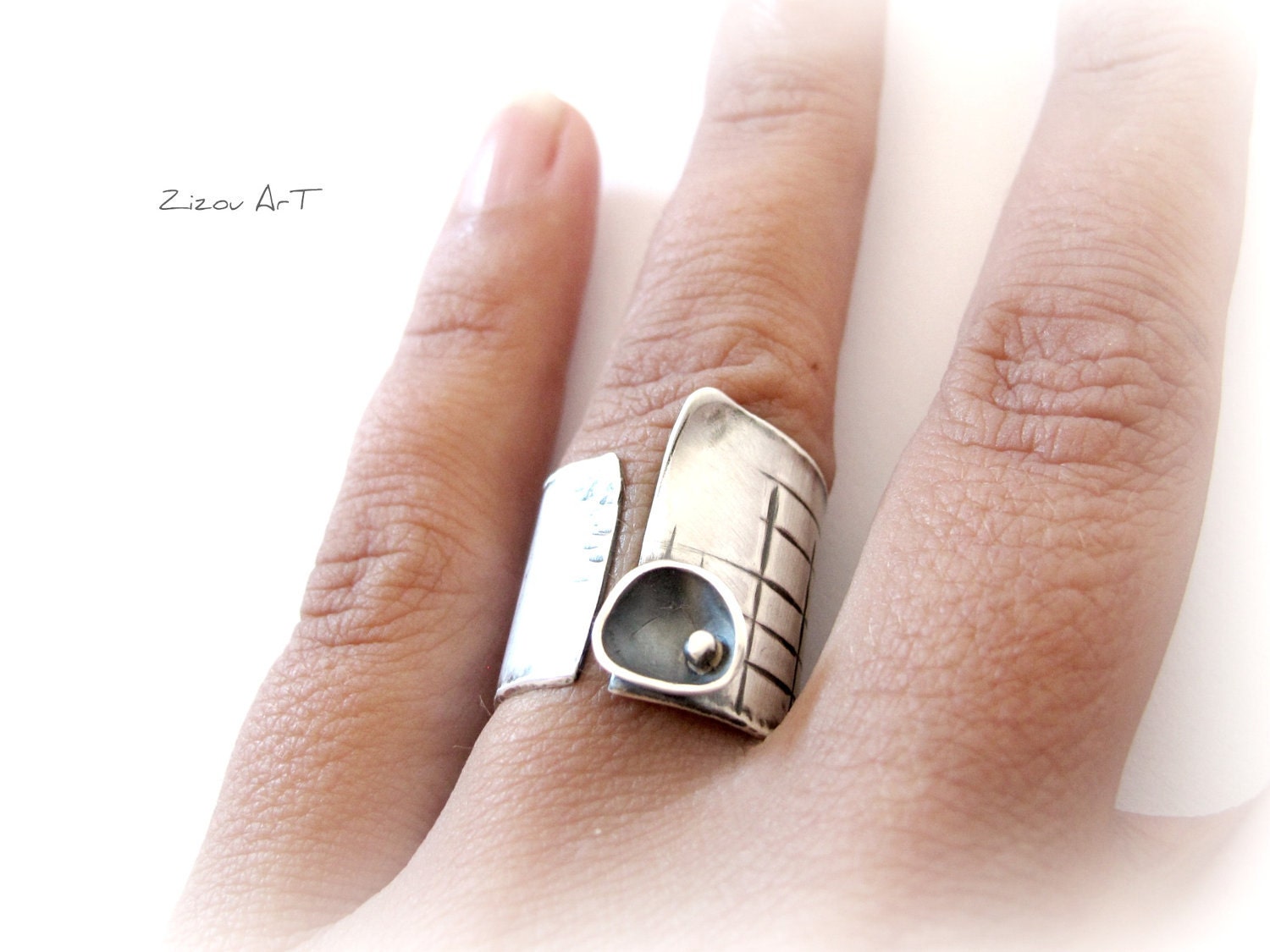 Wide band ring adjustable sterling silver flower unique, silversmith, oxidized. Made to order.