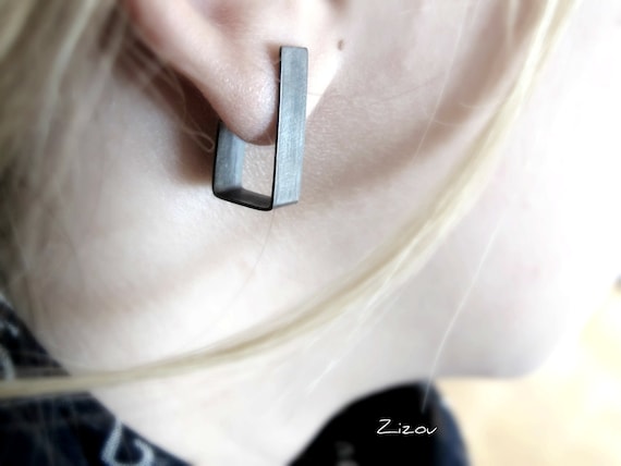 Contemporary simple silver oxidized post earrings, modern,