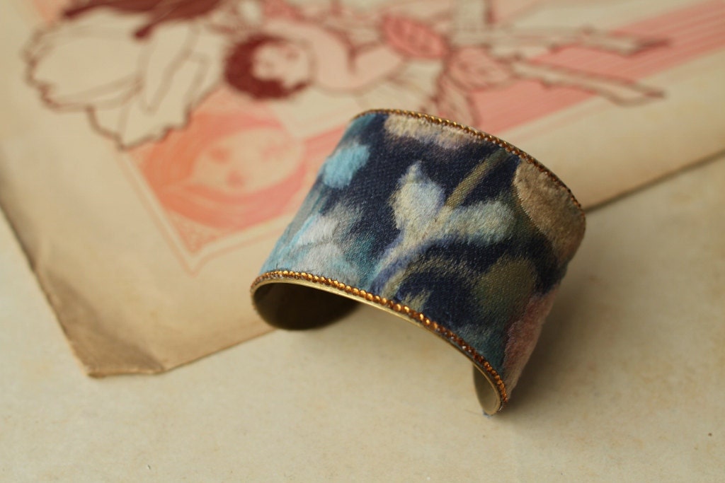 Handmade Antique French Silk Bracelet Cuff in Blue Velvet, embellished with Swarovski crystals