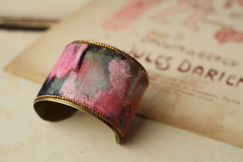 Handmade Antique French Silk Bracelet Cuff in Pink Velvet, embellished with Swarovski crystals