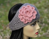 Headband - Ear Warmer - Hand Knit - Crocheted Flower - Wool Blend - Grey - Dusty Pink - Adult - Teen - Christmas Gift - Winter Accessory