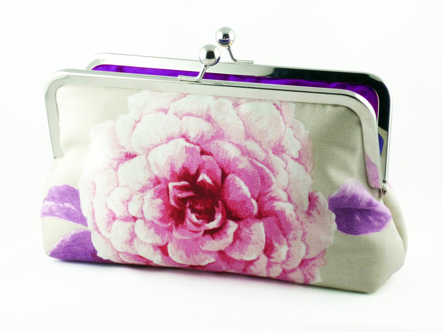 Silk lining Floral Clutch Bag Purse in Pink and Purple