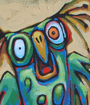 green owl humorous original art colorful acrylic painting