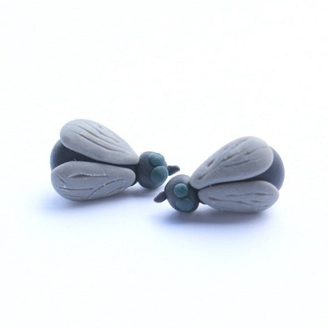 GREY FLY polymer clay studs post earrings plus FREE gift - kingaer