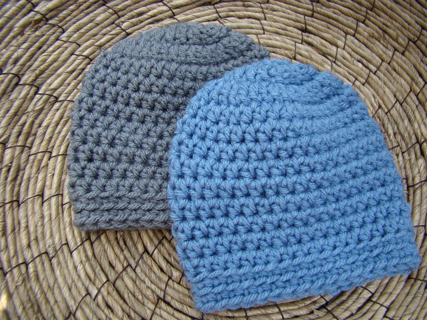 Newborn Twin Boys Beanie Hats--Hand-Crocheted Caps in Gray/Grey and Baby Boy Blue-OR ANY COLOR