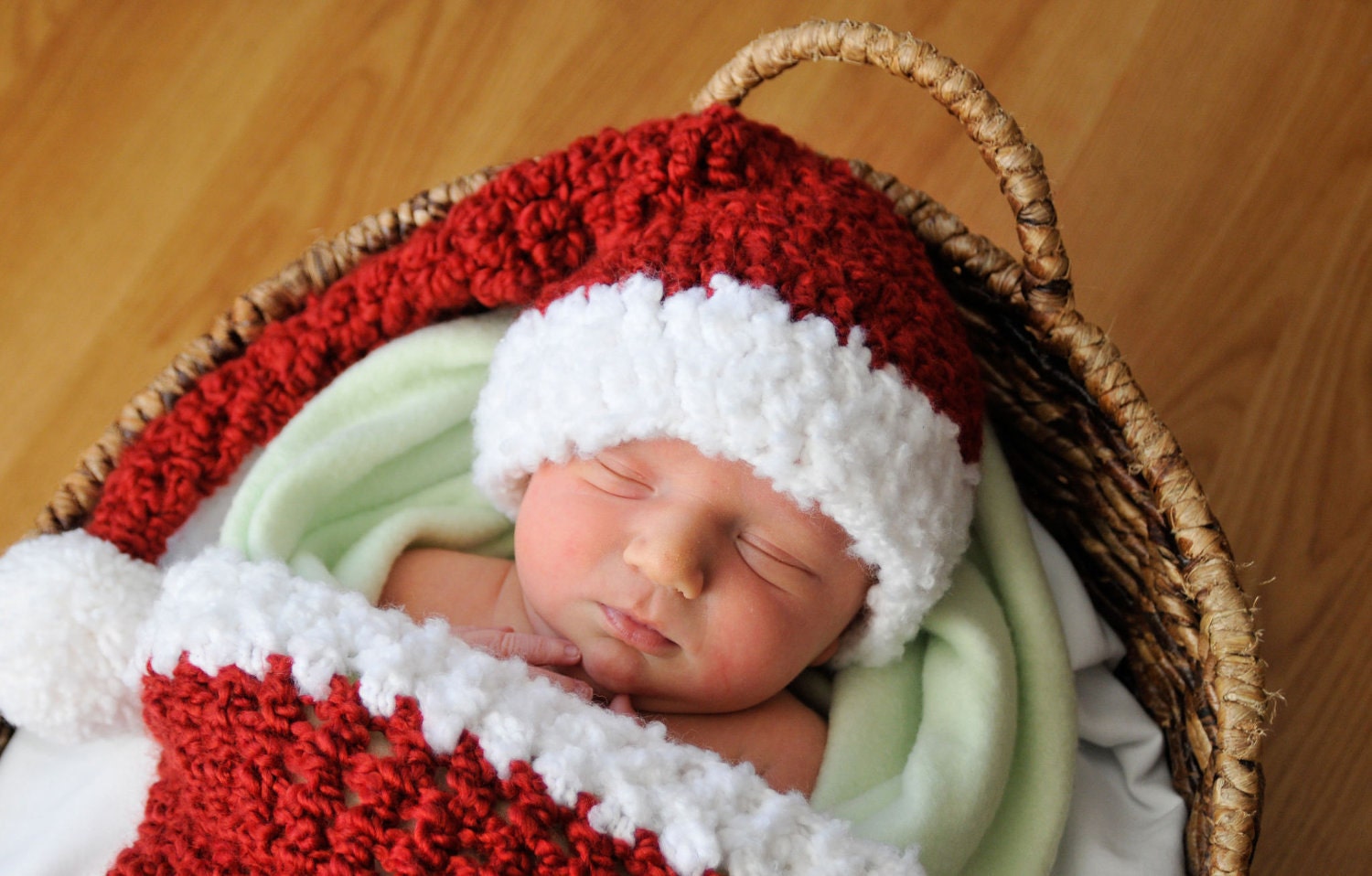 Baby Santa Hat--Hand-Crocheted Newborn Baby Hat in Rich Red with White Fluffy Brim and Pom Pom