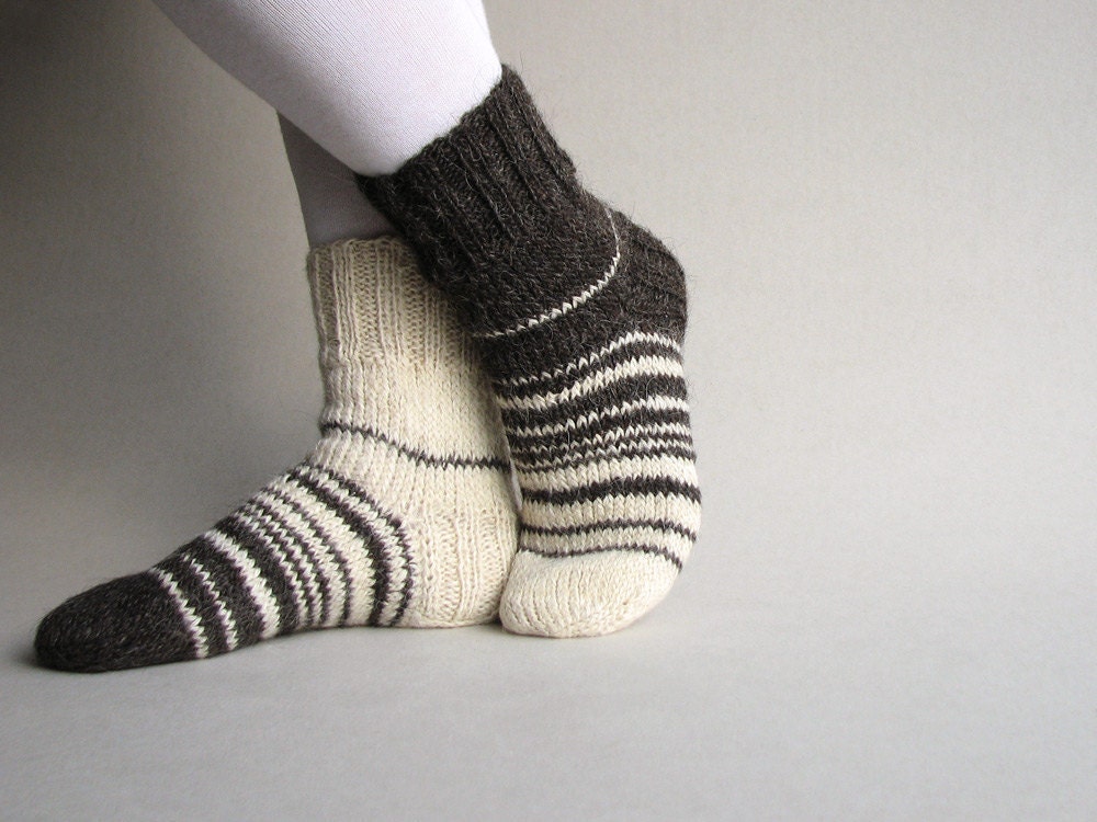 Asymmetrical Hand Knitted Socks - Striped, Woolen, Natural