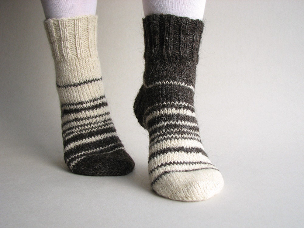 Asymmetrical Hand Knitted Socks - Striped, Woolen, Natural