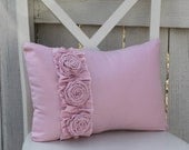 Pink Pillow with Frayed Ruffle and 3 Flower Roses