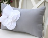 Shabby Chic Gray Pillow with Fraying White Flower and Pearl Accents
