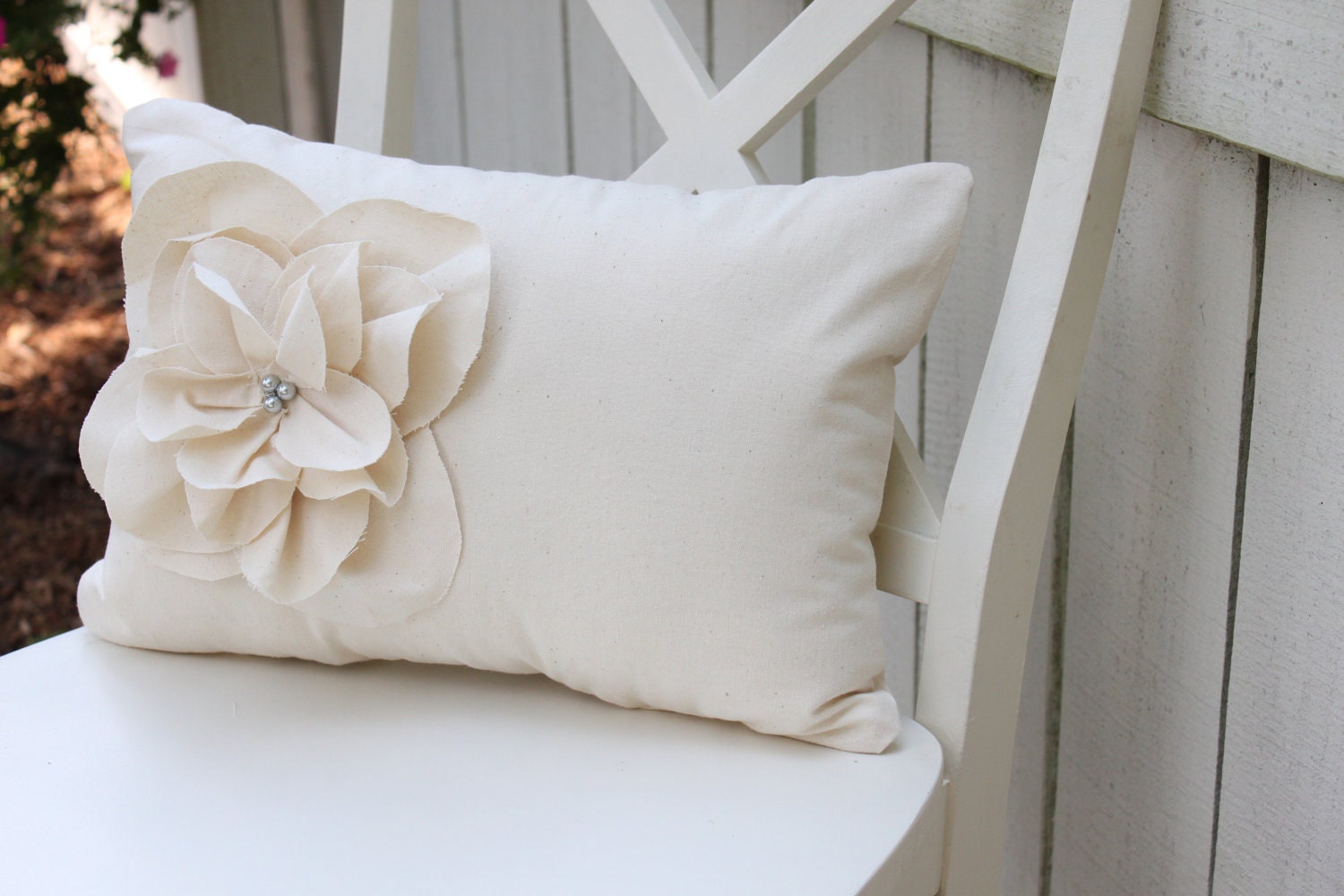 Cream Shabby Chic Muslin Fraying Flower Pillow with Grey Pearl Accents