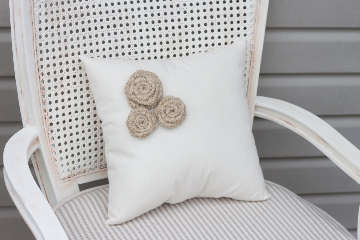 Muslin Pillow with Three Burlap Rosettes