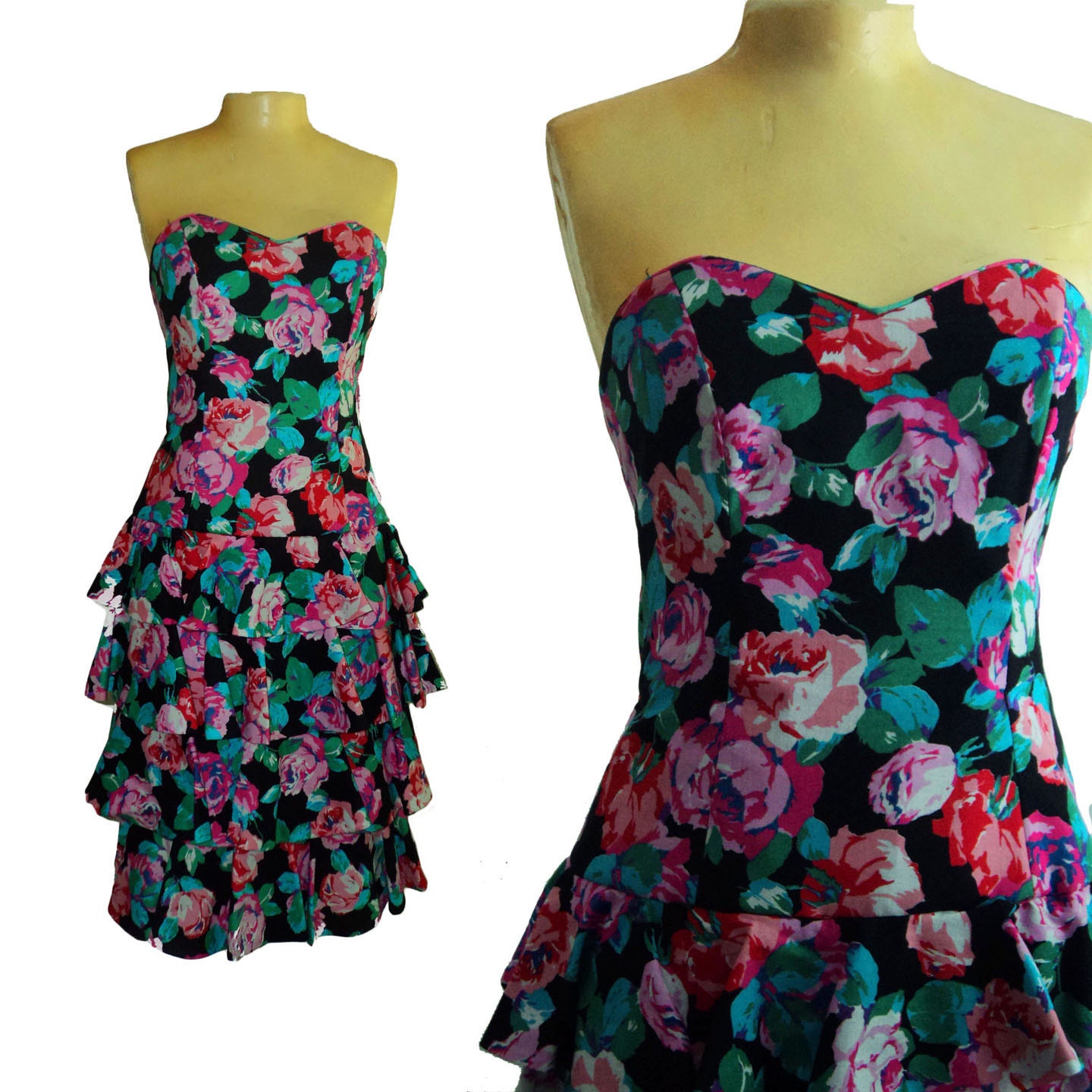 Vintage 1980s Strapless Floral Prom Dress
