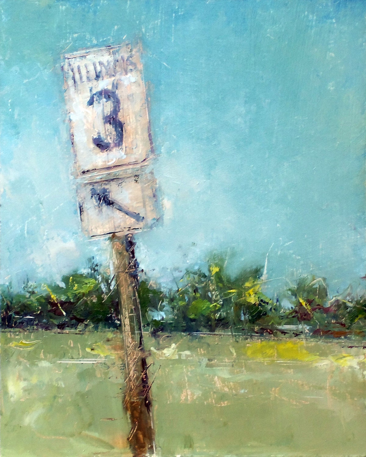 Landscape painting, street sign art gift for guys, 'Road to Venice'