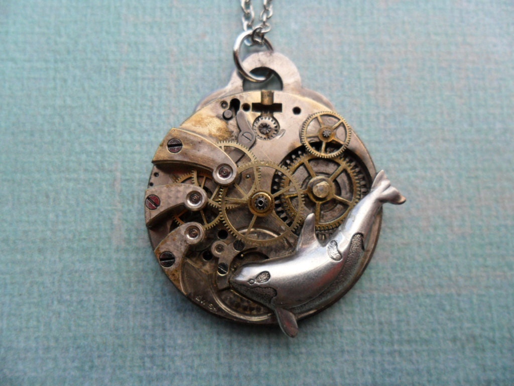 Steampunk Victorian Silver Killer Whale Necklace