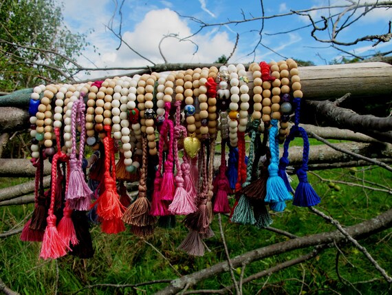 OOAK Hand Made Tasseled Wood Beaded Bracelet with Accents of Ceramic, Semi-precious, Glass