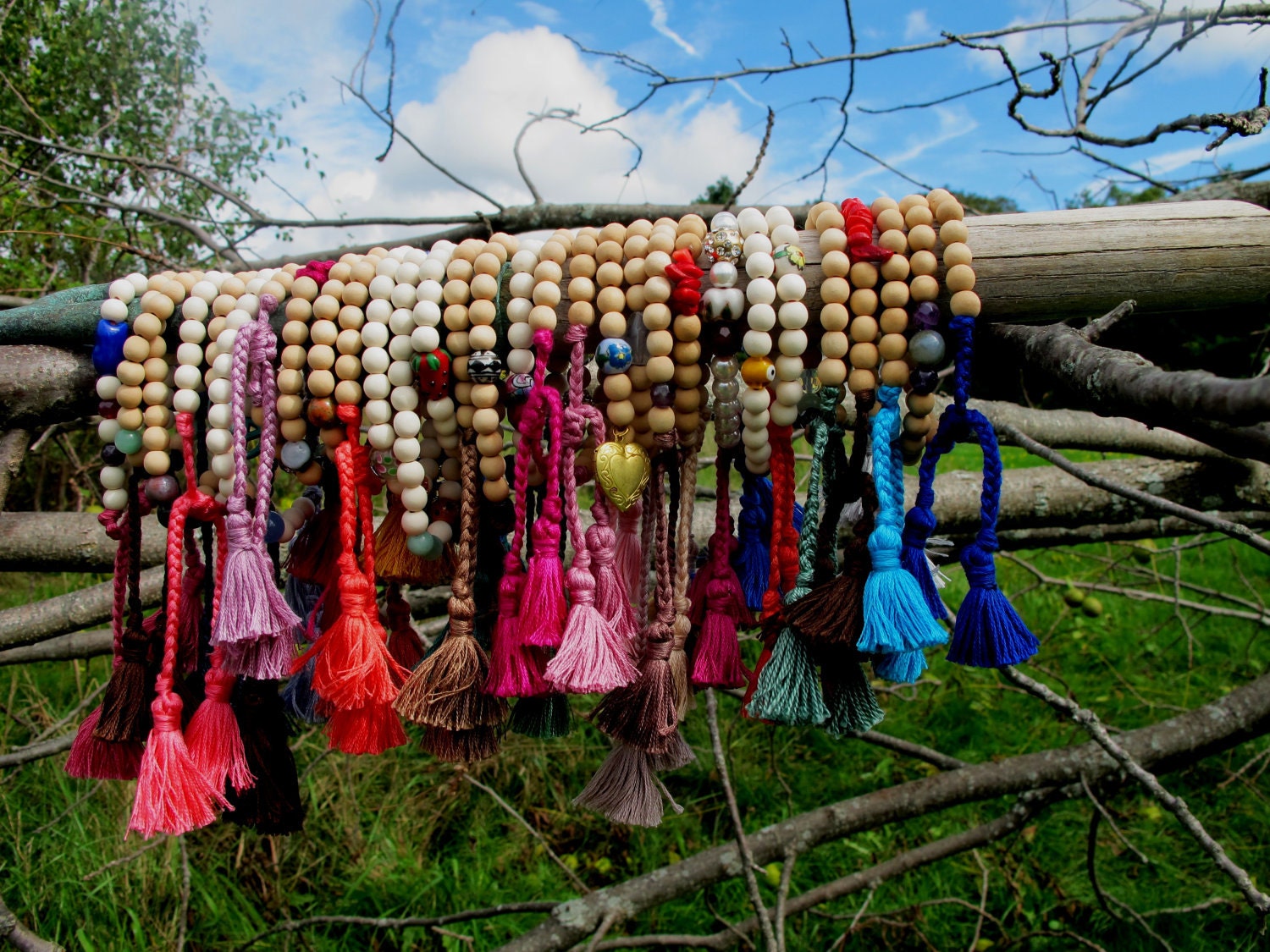 OOAK Hand Made Tasseled Wood Beaded Bracelet with Accents of Ceramic, Semi-precious, Glass