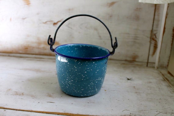 Vintage Speckled Enamelware Berry Picking Pail-Blue