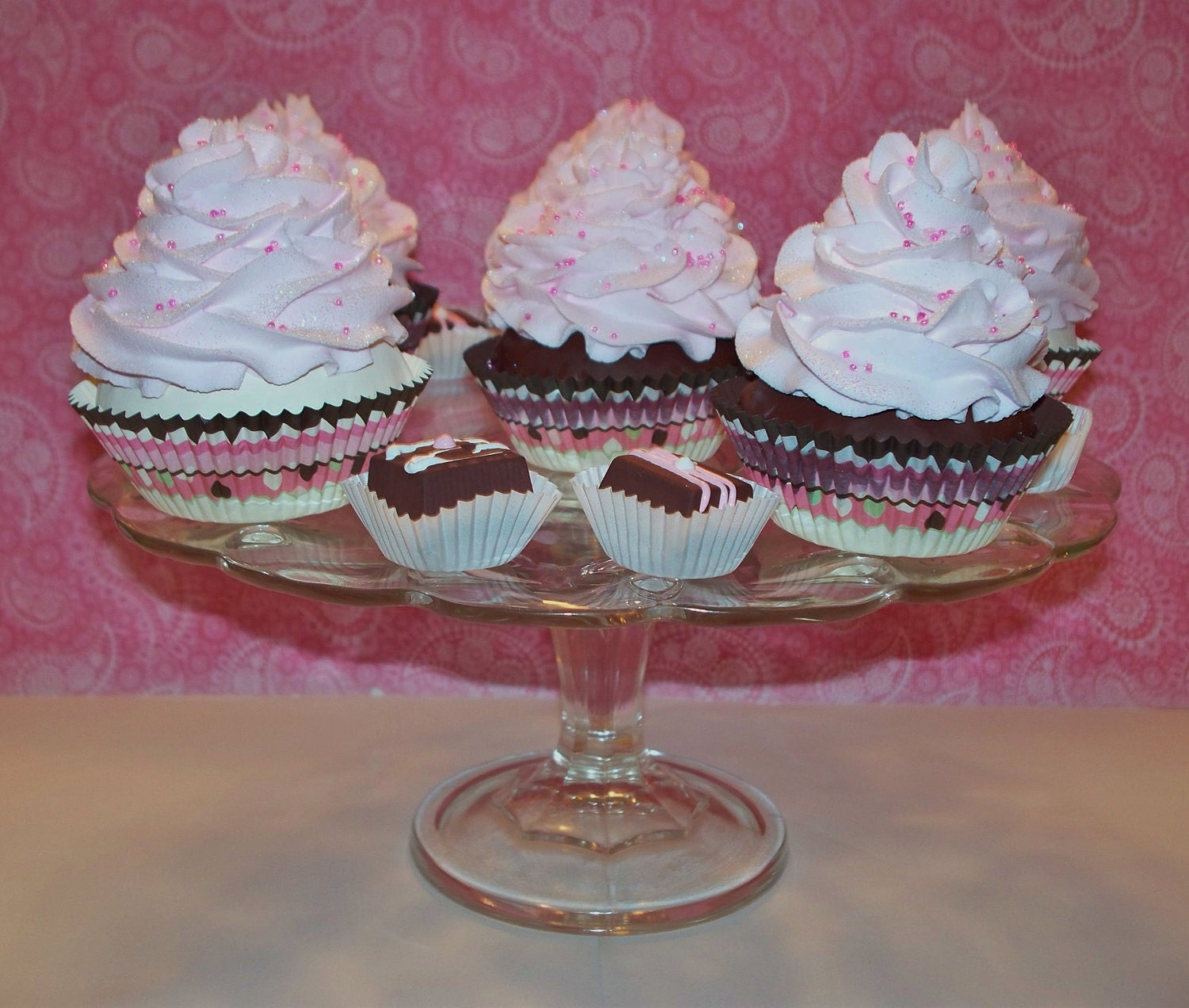 3 Wonderland Fake Chocolate Cupcakes Pink Frosting and Sprinkles great Tea Party Decorations, Photo Holder, Toppers Prop, House Stage Prop