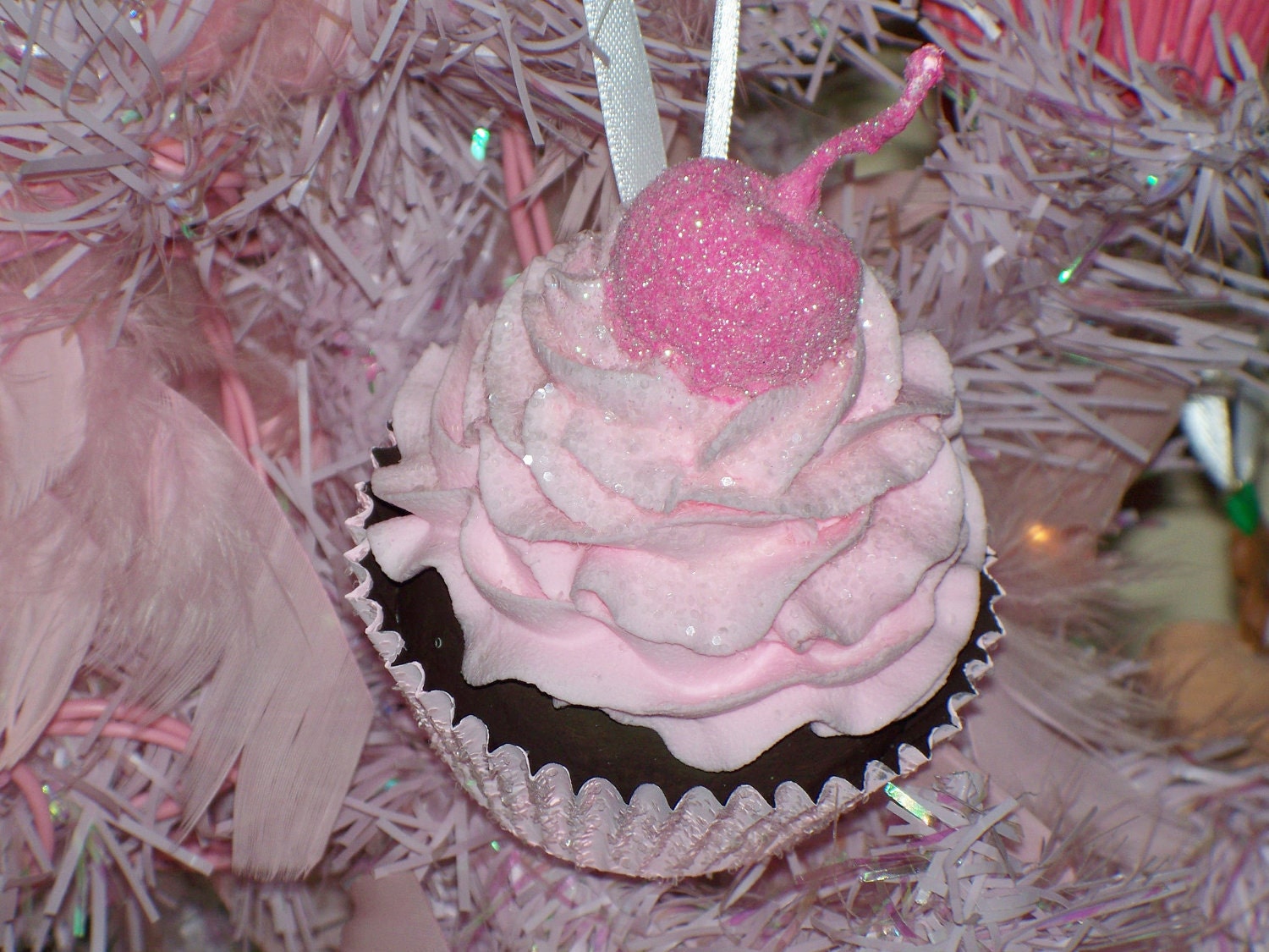 Original Fake Chocolate Cupcake Ornament Pastel Pink Frosting Glittery Pink Cherry Shabby Cottage Pink Christmas Holiday Tree Decorations