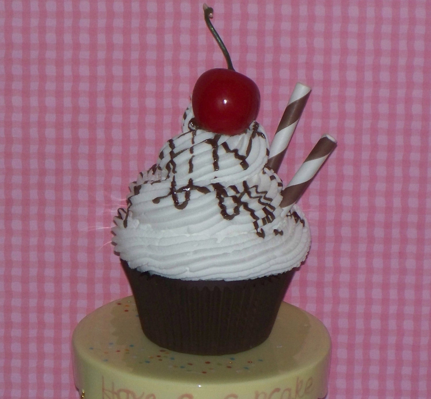 Chocolate Sundae Style Fake Cupcake Brown Stripe Straws, Cherry, Drizzle on top cute Summer Photo Prop, Home Kitchen Decor, House Stage Prop