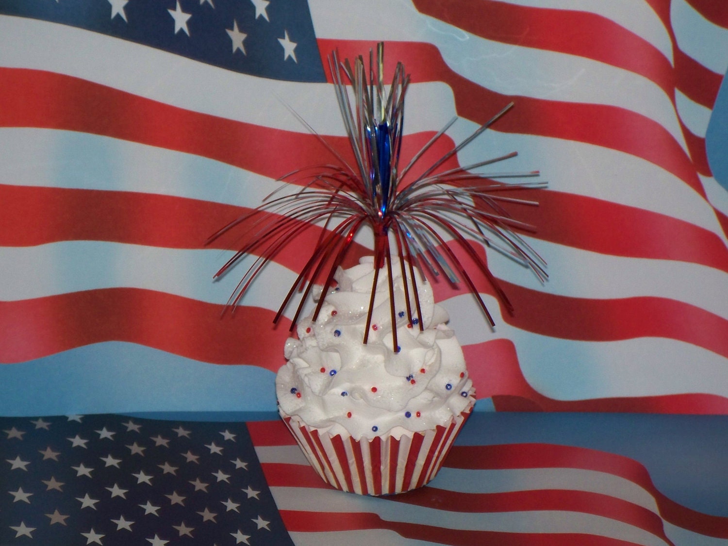 FIREWORKS, Sparkler FAKE CUPCAKE "Red, White, and Blue" Memorial Day, July 4th, Independence Day, Stars and Stripes, Photo Props