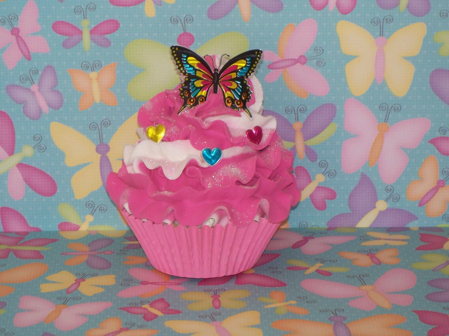 Bright Butterfly Fake Cupcake with Hot Pink and White Swirl Frosting, Summer Photo Props, Cupcake Stand Display, Party Home Decor