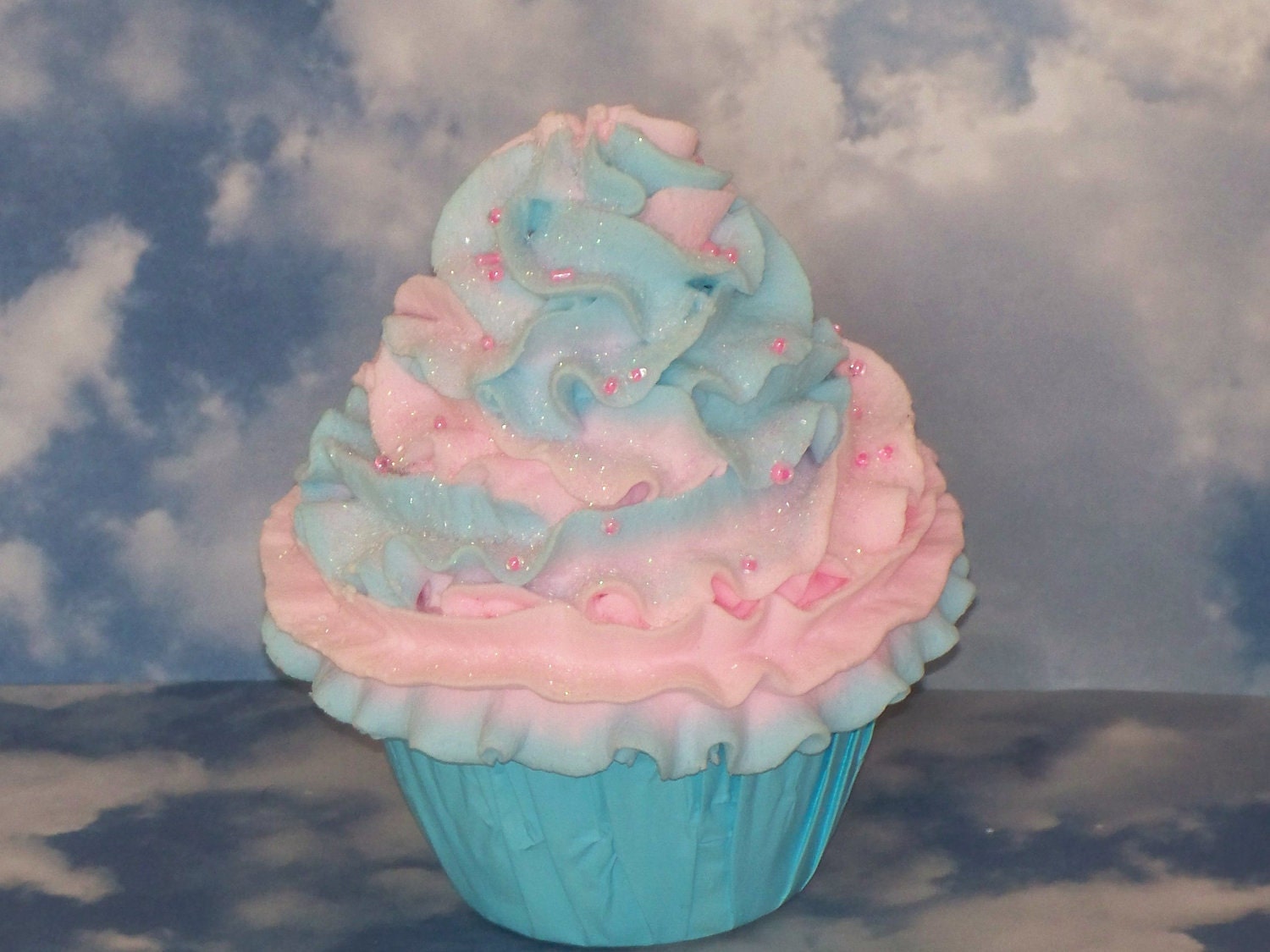 Pink and Blue Cotton Candy FAKE CUPCAKES, Birthday Photo Props, Party Decorations, Favors, Home, Kitchen Centerpiece, Faux Food Display