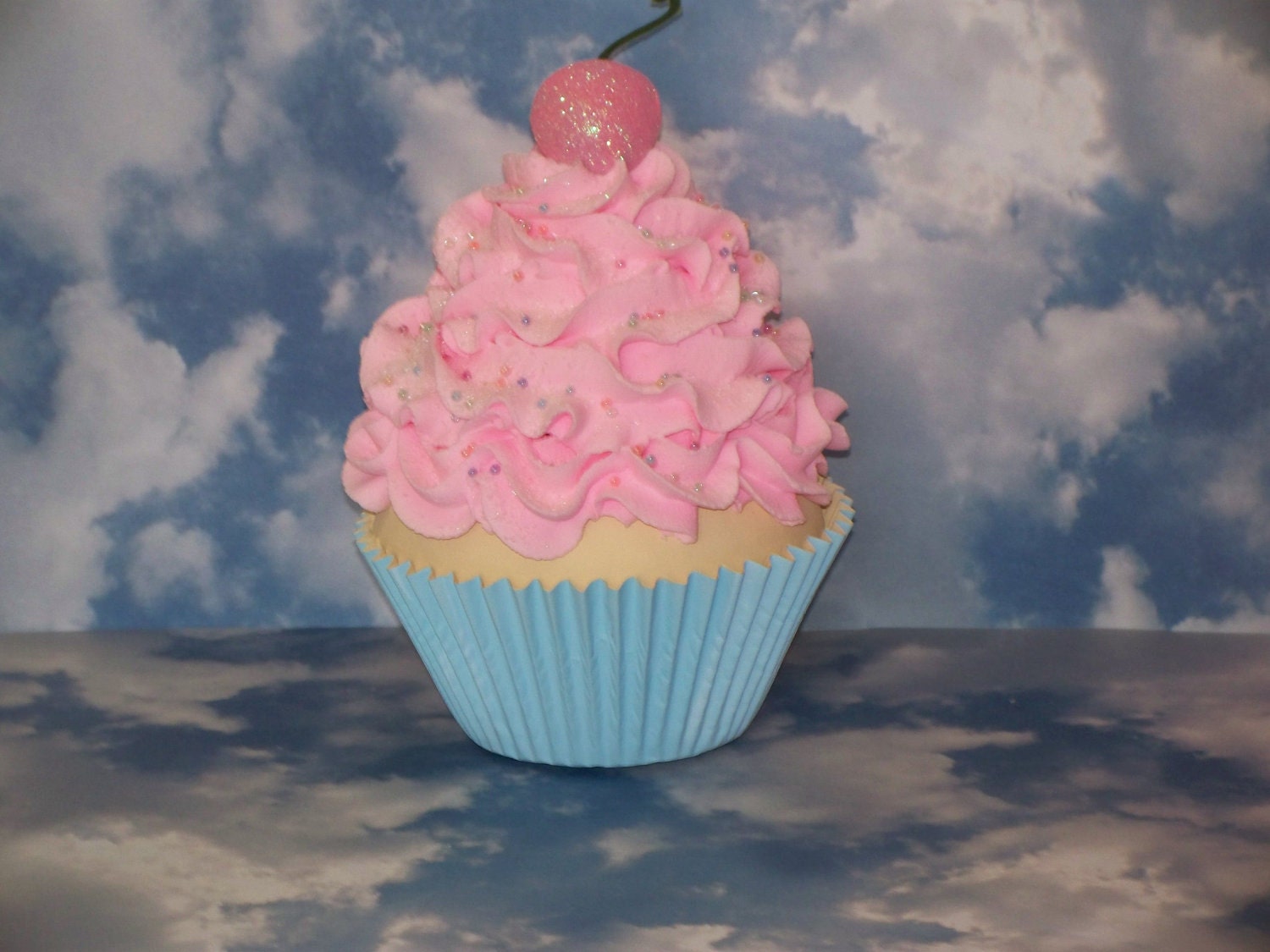 Jumbo Fake Vanilla Cupcake, Pastel Pink and Baby Blue great Birthday Photo Props, Party Decor, Favors, Home Decor, Ready to Ship