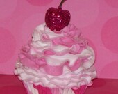 Ribbon Candy Fake Cupcake with Pink and White Swirl Frosting, Hot Pink Cherry, great Photo Props, Birthday Party Decor, Home Display