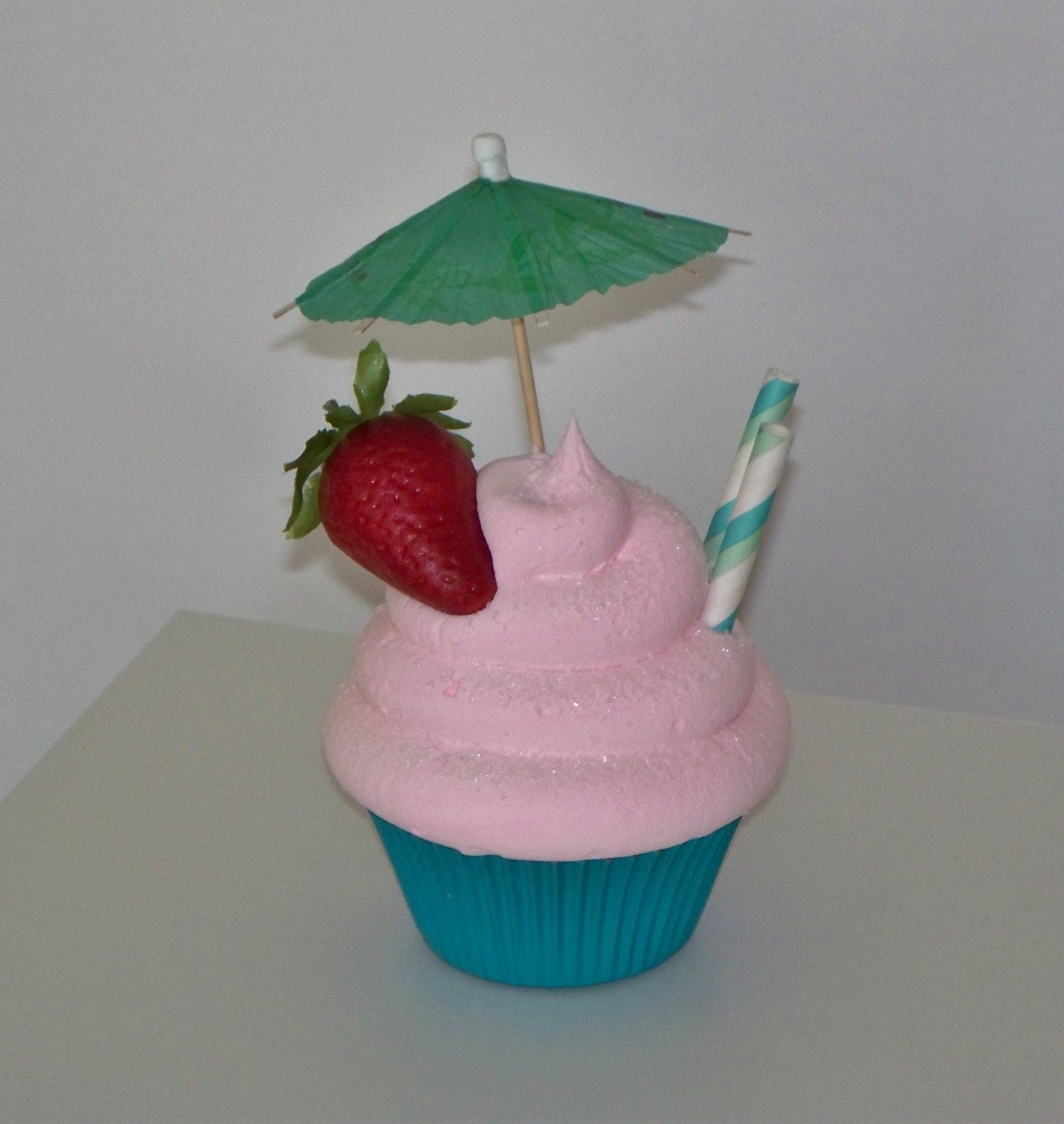 Strawberry Daiquiri Fake Cupcake with Umbrella, Straws, Wedding Decor, Party Display, Bachelorette Party Props, Photo Props