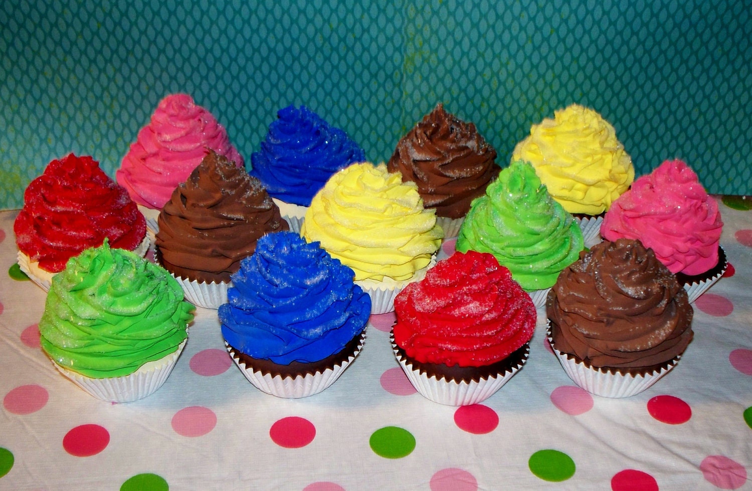 Set 6 Candyland Fake Cupcakes, great Photo Props, Birthday Party Decor, Toppers, Wrappers Props