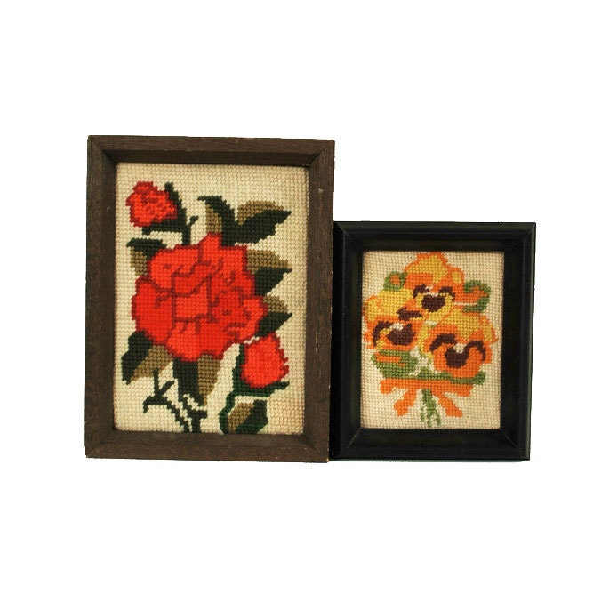 Vintage Needlepoint Flowers / Framed Fabric / Embroidered Flowers