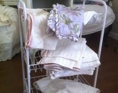 Vintage White Chippy Paint 3 Basket Kitchen Cart on Castors - Serving Cart - Craft Cart - Shabby Chic - Linen