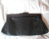 Vintage 1970's Black Leather Clutch with Lucite Trim and Clasp by Sonia Creations Nice