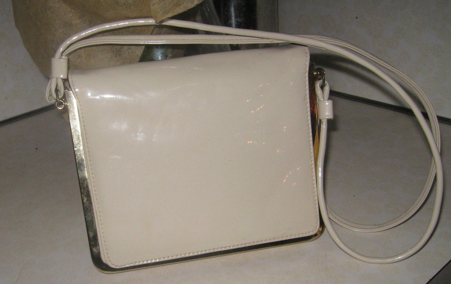 Vintage 1960s or 1970s  Cream Color Faux  Patent Leather Square Shoulder Bag With Gold Frame Accent MARKAY BAGS Made in USA