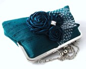 Teal green silk clutch with satin rosettes, leaf, and rhinestone, wedding bridal purse