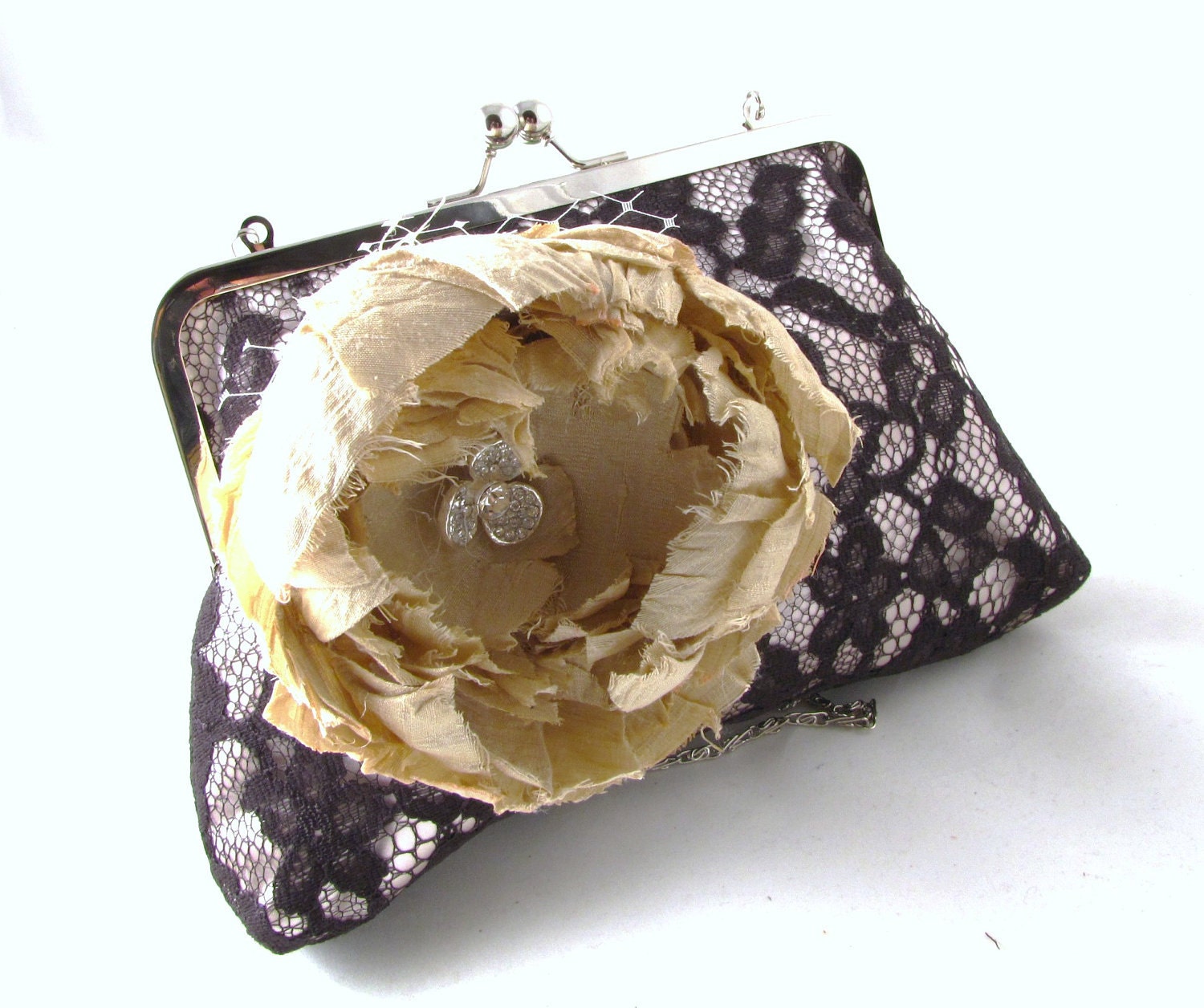 Ivory silk flower and lace clutch . elegant black lace evening purse