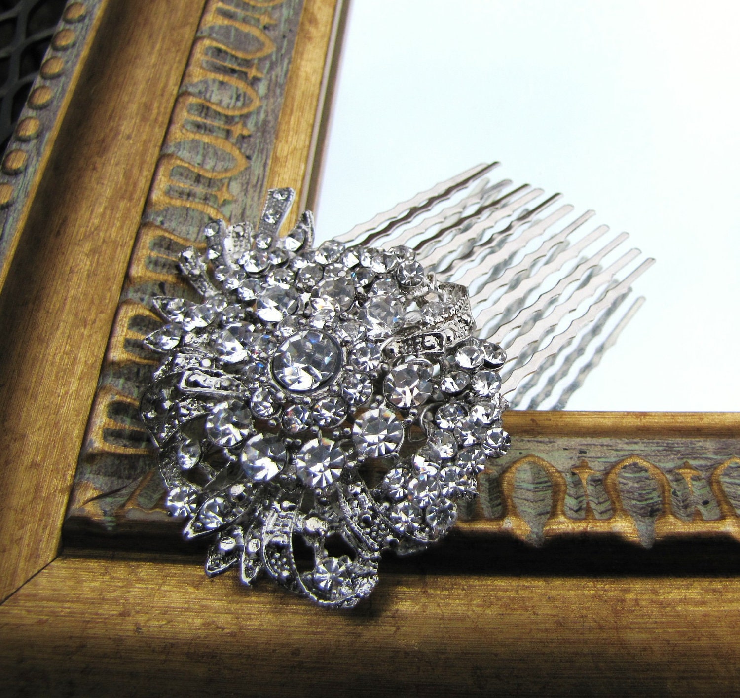 Vintage inspired bridal hair comb, large Rhinestones brooch wedding hair piece - Olivia
