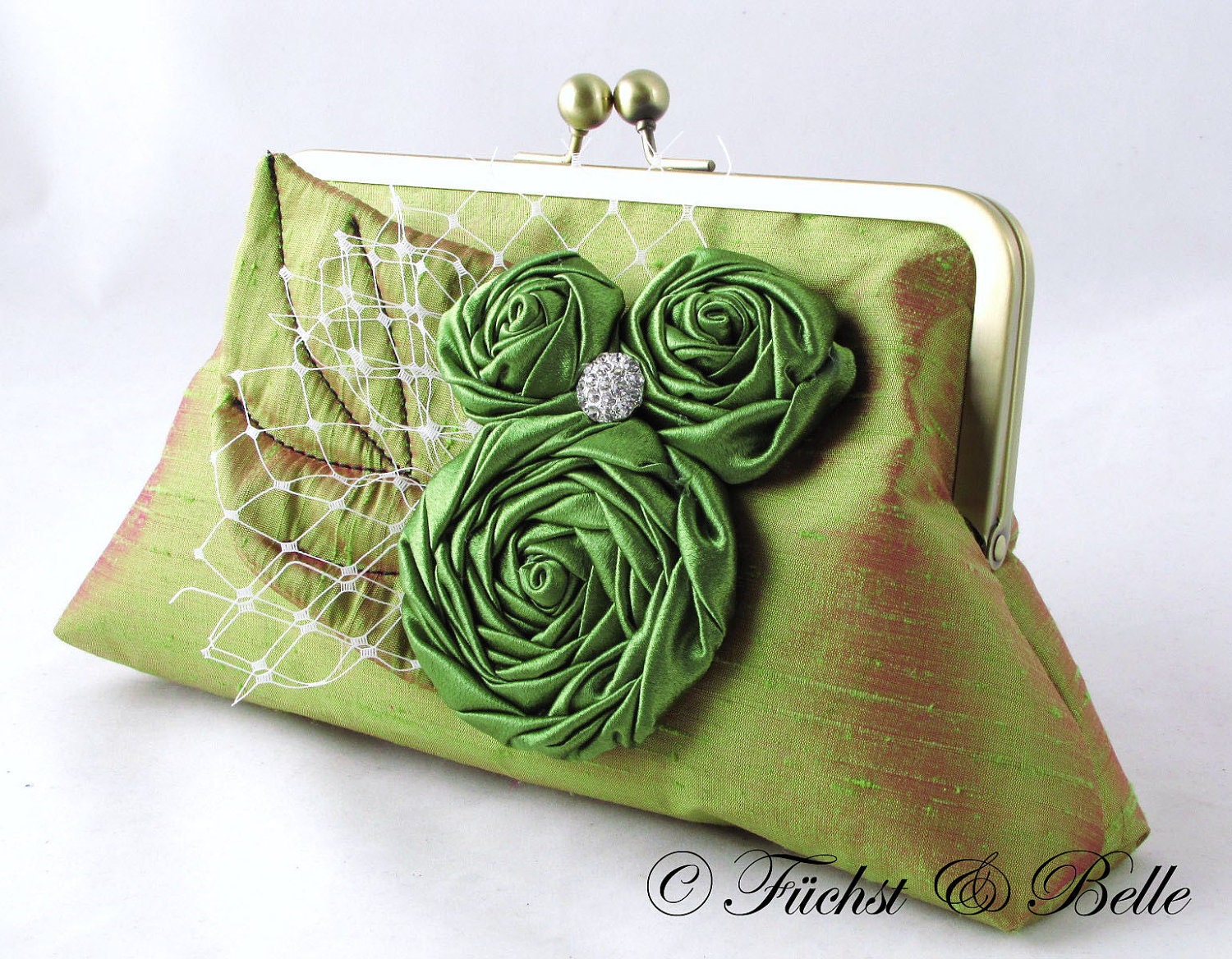 Green silk clutch with rosettes with leaf and rhinestone - Olive green dupioni silk