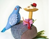 Felt Bird and Mushroom on Patchwork Rock