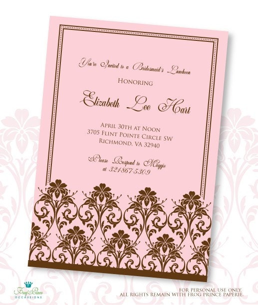 Pink and Brown Damask Bridal Shower Invitation - DIY Printable