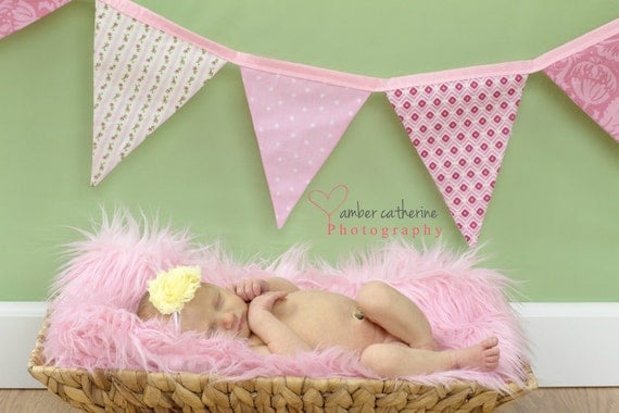 Baby Girl Shower Banner, Pink Nursery Fabric Decoration, Cottage Chic Birthday Party Flags, Photo Prop Bunting Il_570xn