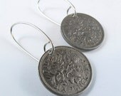coin jewelry SIXPENCE  EARRINGS ENGLAND  uk british coins sterling silver handmade No.00787