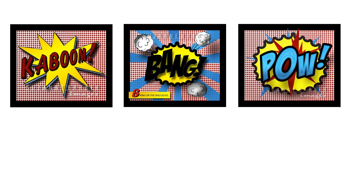 Pop Art Prints-"KABOOM, BANG, POW" sound effects in comic book Lichtenstein style 11x14