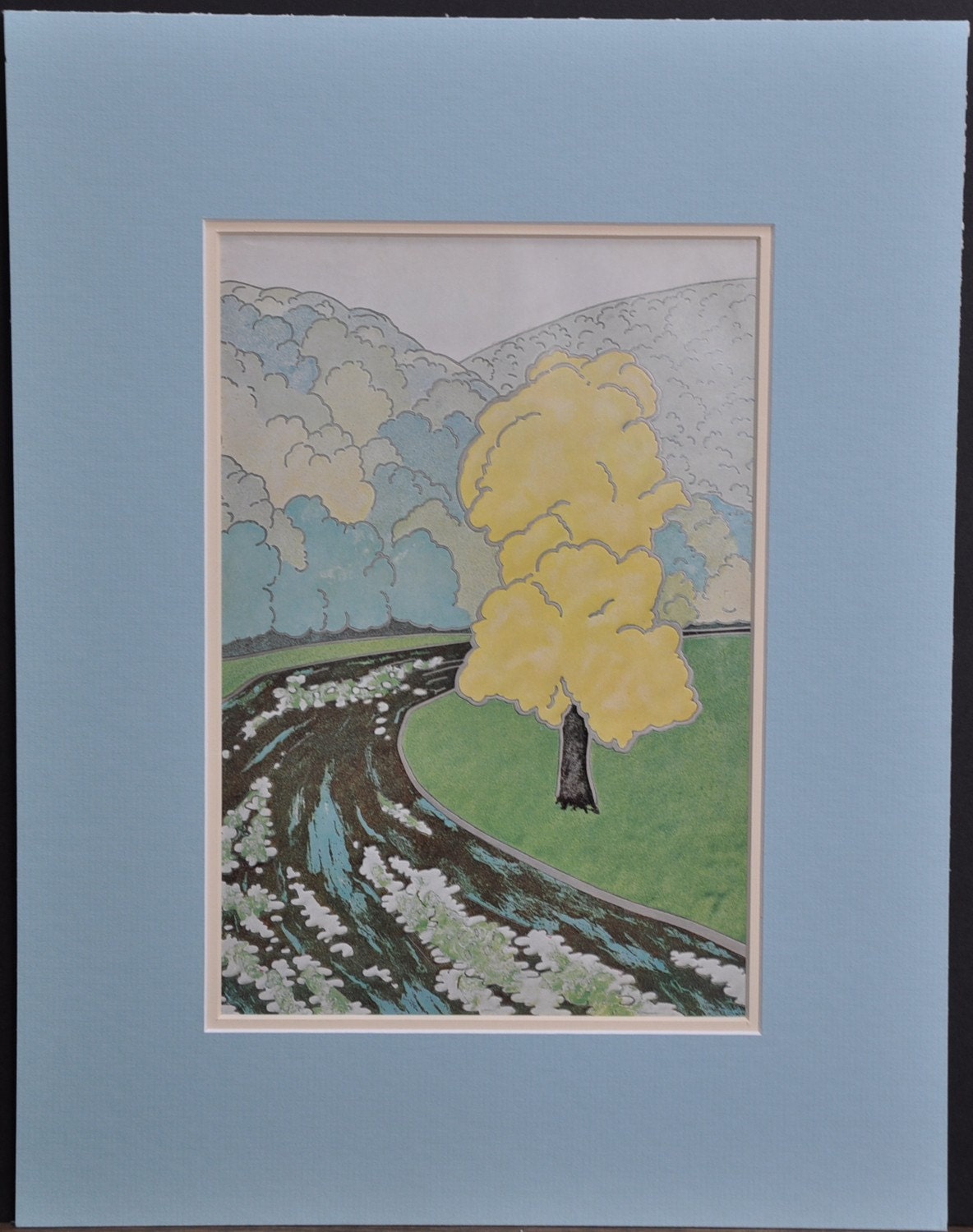 La Riviere la Semois, french vintage art, river, mountain art