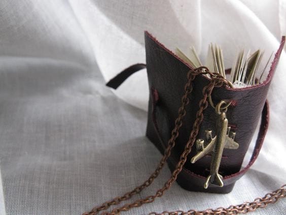 Globetrotter Travel Journal Eco Leather Necklace Jewelry Upcycled Book Miniature with Airplane charm For Him Men
